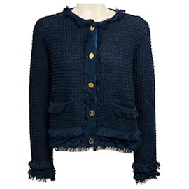 Thom Browne marineblauer Strickcardigan aus Baumwolle mit Fransen und goldenen Ankerknöpfen