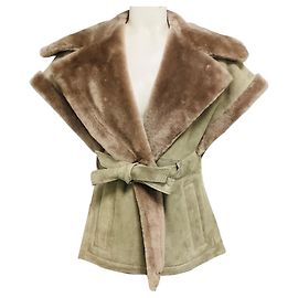 Autre Marque Gilet Fleurette Taupe in camoscio e shearling con cintura