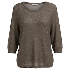 Autre Marque Amina Rubinacci Strickpullover aus Leinen und Baumwolle mit Mikro-Pailletten in Taupe / Silver und Dreiviertelärmeln