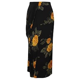 Saia maxi de seda Simone Rocha com estampado floral multicolorido preto / amarelo e detalhe drapeado