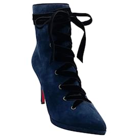 Stivaletti Christian Louboutin Circus Nana 100 in camoscio blu navy con lacci in velluto nero