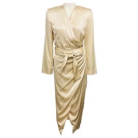 Autre Marque Abito midi wrap in seta strutturato a maniche lunghe con spalline Matériel Tbilisi Champagne Metallic