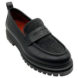Mocassini Loro Piana in pelle nera con suola lug e cashmere antracite