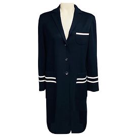 Abrigo de cachemira largo Kiton azul marino / blanco con ribete a rayas de grosgrain
