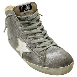 Sneakers alte Francy Golden Goose Deluxe Brand in camoscio argento glitter con fodera in shearling