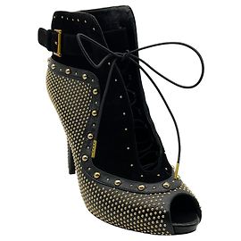 Stivaletti stringati peep toe Alexander McQueen in camoscio nero / pelle con borchie dorate
