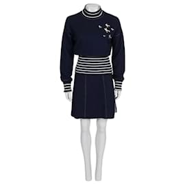Chanel 2008 Cruise Blaues Strick-Ensemble mit Verzierungen Sz 38 gebraucht