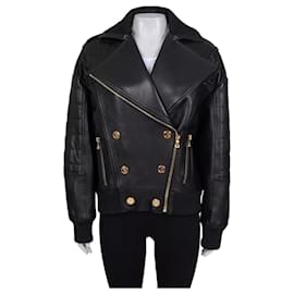 Ikonische Balmain Jacke aus schwarzem Lammleder mit Goldknöpfen FR 36 gebraucht