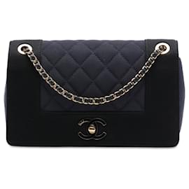 Borsa a tracolla Chanel Small Mademoiselle Double Flap in satin grosgrain matelassé bicolore blu