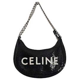 CELINE Ava Chain Handtasche aus schwarzem Glitzerleder - Céline
