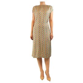 Loro Piana Vestido midi de seda beige con estampado geométrico - size UK 12