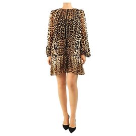Saint Laurent Mini vestido de seda castanho com estampado de leopardo - size UK 10