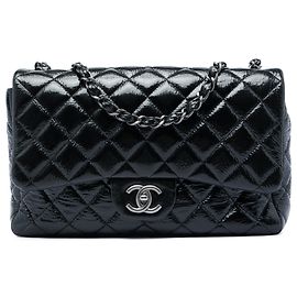 Chanel Black Jumbo Classic Crinkled Patent Single Flap