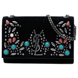 Saint Laurent Black Small Suede Monogram Stone Studded Kate Crossbody