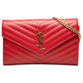 Portafoglio a busta con catena Saint Laurent Red Grain De Poudre Chevron Monogram
