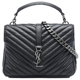 Borsa Satchel College Saint Laurent in pelle di pecora chevron nera, taglia Medium