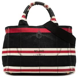 Prada Borsa Tote Small Canvas Canapa Logo Stripes Nera