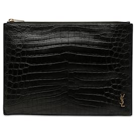 Saint Laurent Porta tablet con cremallera Tiny Monogram en piel con relieve de cocodrilo negro