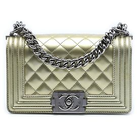 Chanel Gold Small Bicolor Quilted Metallic Patent Boy Flap
