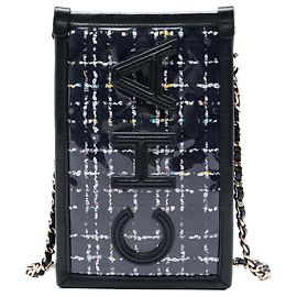 Custodia per telefono Chanel in tweed nero e PVC con catena