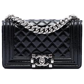 Chanel Black Small Quilted Crinkled Patent Boy Flap