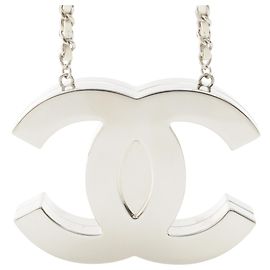 Collana Specchio Chanel CC in Ottone e Pelle d'Agnello Argentata