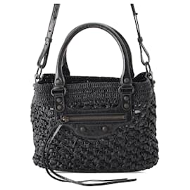 Balenciaga Black Small Raffia Effect Crochet Le City Basket Bag