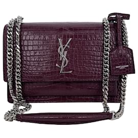 Borsa a tracolla Saint Laurent Sunset Medium in pelle goffrata croc Burgundy