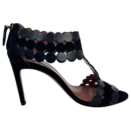 Sandali con tacco T-Strap festonati Alaïa in camoscio nero