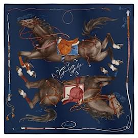 Sciarpa in seta Hermès Grand Galop Bleu Marine Cuir Caramel