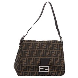 Borsa a Tracolla FENDI Zucca Canvas Mamma Baguette Marrone Argento Auth BA14949V