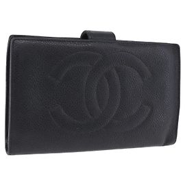 Portafoglio lungo CHANEL Caviar Skin Black Gold CC Auth 195978