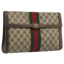 GUCCI PARFUMS Pochette GG Supreme Web Sherry Line PVC Beige Gold Auth 194232