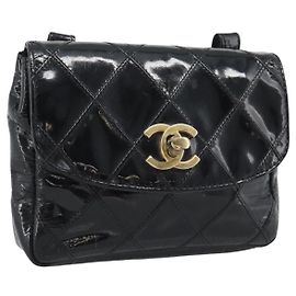 Borsello da vita CHANEL Bicolore Pelle verniciata Nero Oro CC Auth 196023