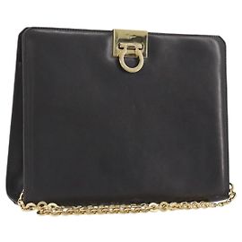 Borsa a catena Gancini Salvatore Ferragamo in pelle marrone scuro oro Auth 196287
