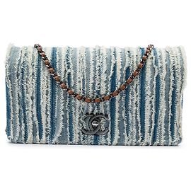 Borsa a tracolla Chanel CC in denim blu con frange, Single Flap