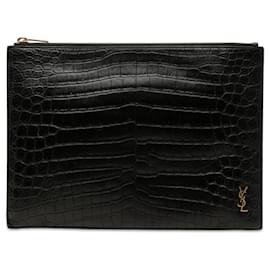 Bolso de mano porta-tablet Tiny Monogram de piel con relieve de cocodrilo negro Saint Laurent