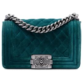 Borsa a tracolla Chanel Boy Flap Small in velluto matelassé blu