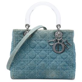 Bolso Lady Dior Satchel de denim azul Cannage tamaño Medium con asas de acrílico