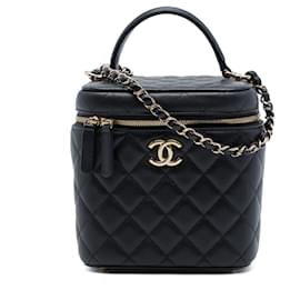 Borsa Vanity Chanel CC in pelle Caviar matelassé nera con manico superiore e tracolla a catena