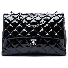 Borsa a tracolla Chanel Large CC in pelle verniciata matelassé nera a doppio scomparto