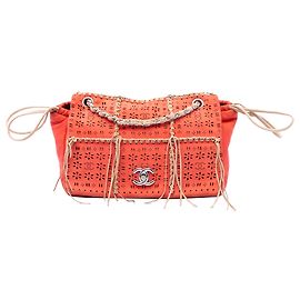 Borsa a tracolla con patta in camoscio con frange e taglio laser Orange Chanel