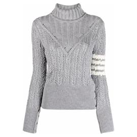 Irischer Pointelle-Rollkragenpullover mit diagonalen Armbändern - Thom Browne