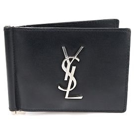 Saint Laurent Black Calfskin Silver Monogram Card Holder Money Clip
