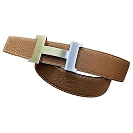 Cinturón reversible Large Black Gold Outstitch Plata Mate - Hermès