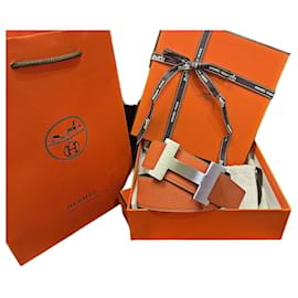 Cinturón reversible clásico Large Negro Naranja Plata Mate - Hermès