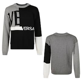 Maglia girocollo in maglia con logo patchwork multicolore da uomo - Versace