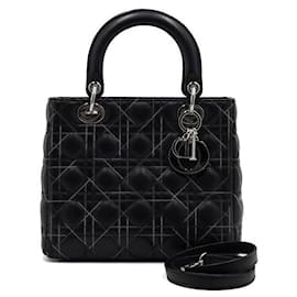 Borsa Tote Lady Medium Cannage Nera con Impunture Multicolore e Tracolla - Dior