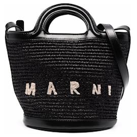 Borsa bucket in pelle/rafia nera - Marni