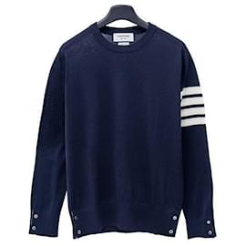 Jersey de cuello redondo de algodón con punto Milano en azul marino - Thom Browne